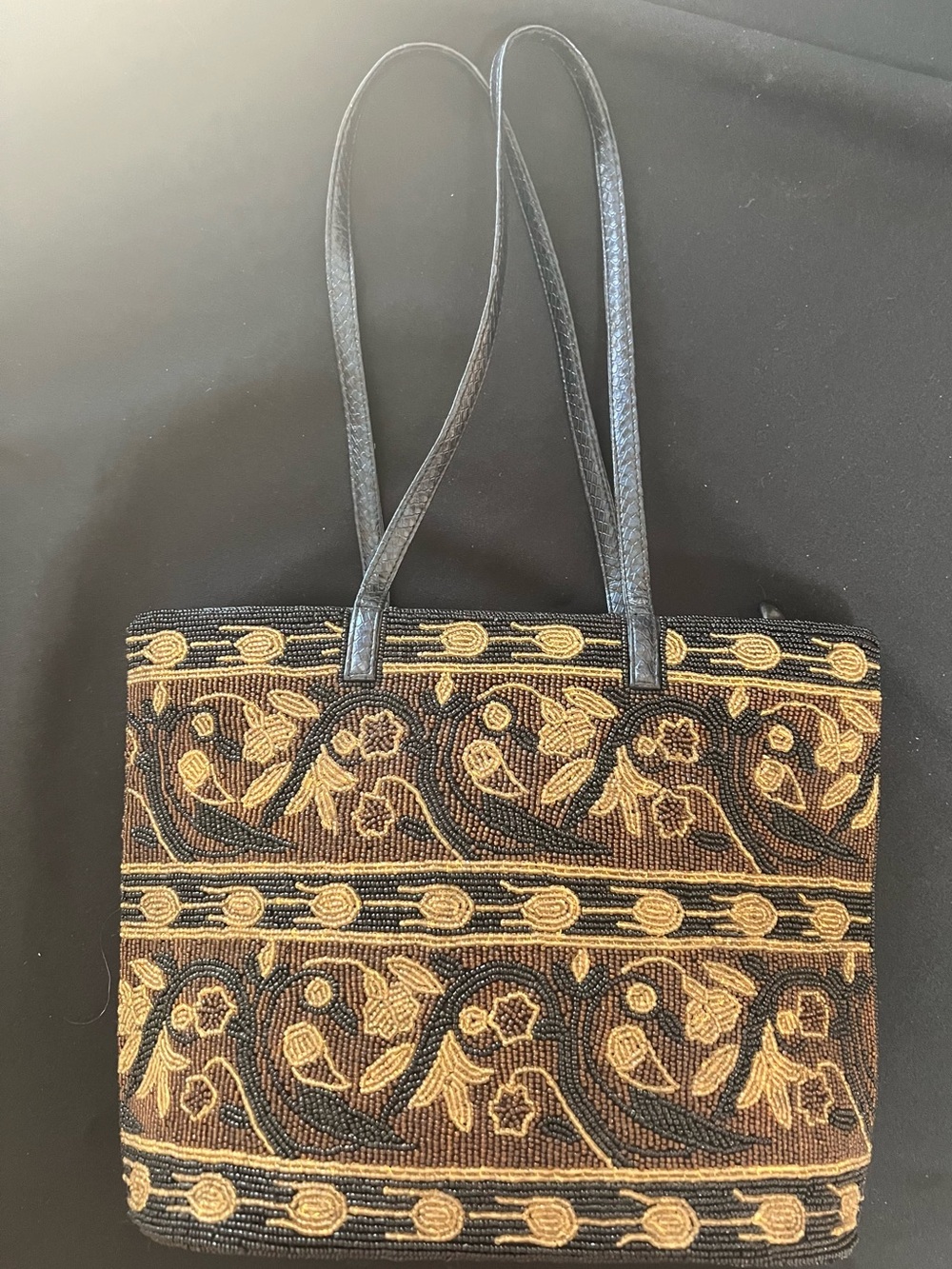 Hand Beaded Seed Bead Purse Black Brown Gold Floral Tote Handbag NEW Unused